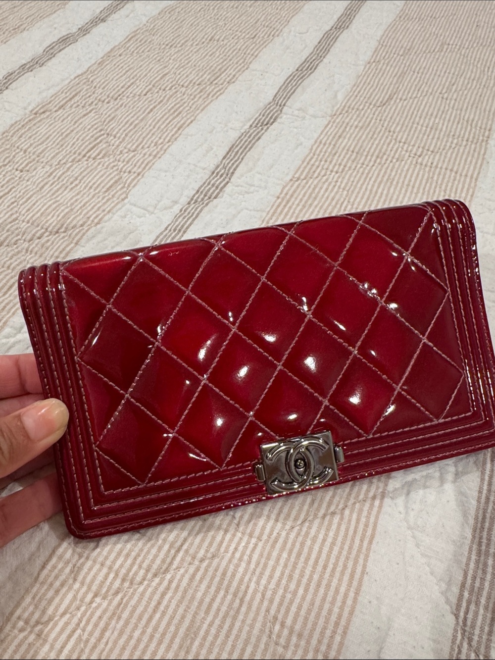 CHANEL Quilted Patent Leather Wallet in Deep Red